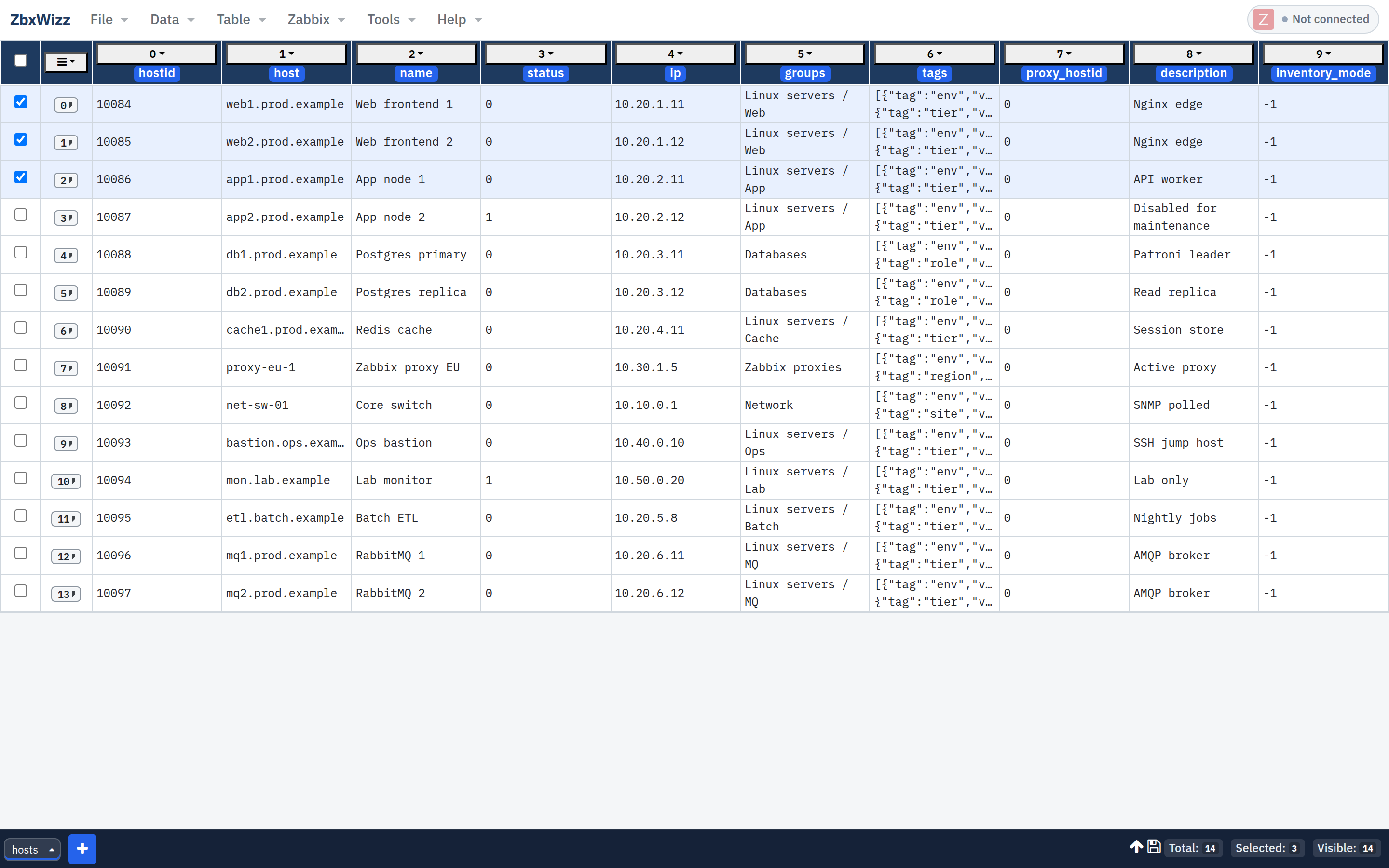 ZbxWizz workbench with hosts, groups, and tags
