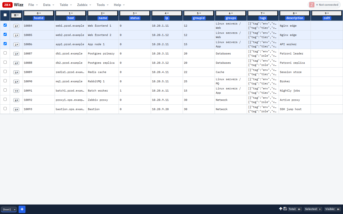 Spreadsheet view of hosts before a bulk change