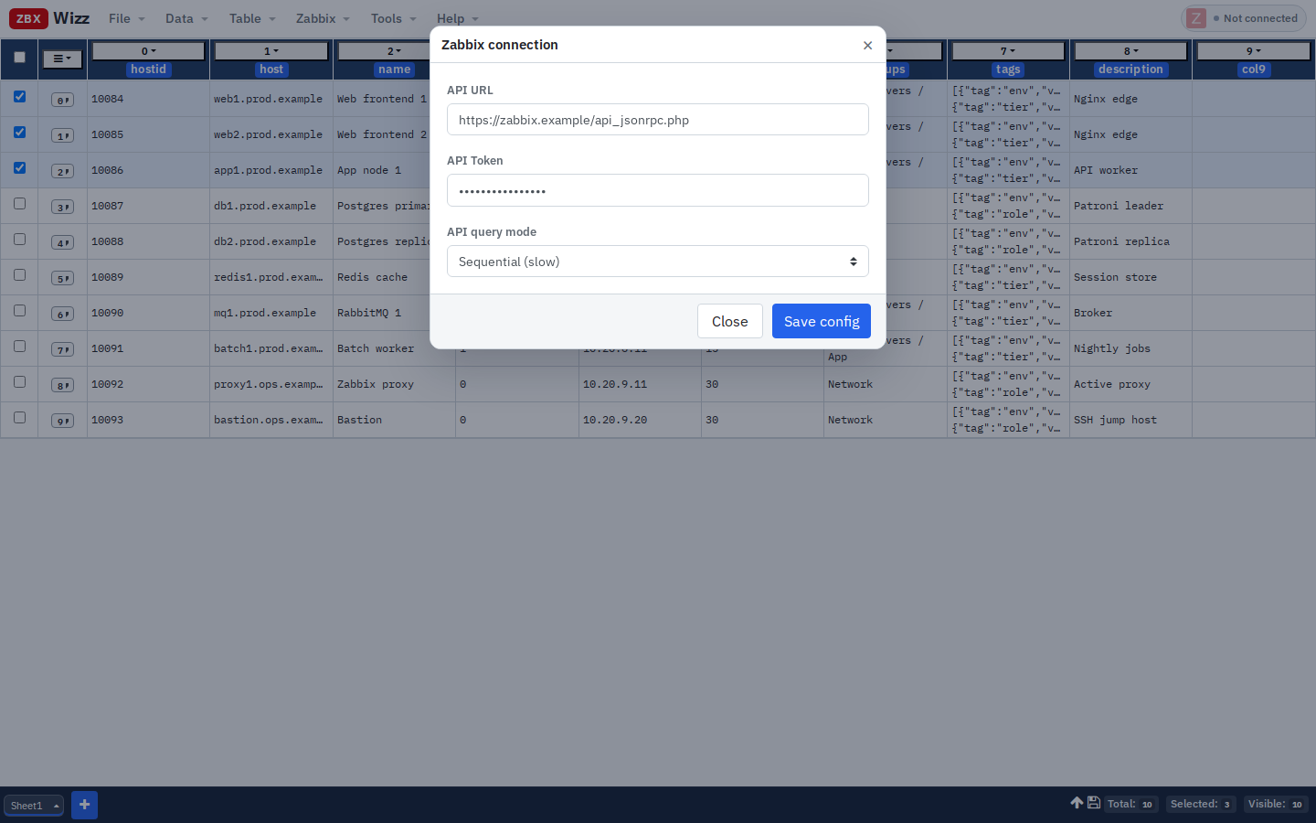 Zabbix connection settings stay in the browser