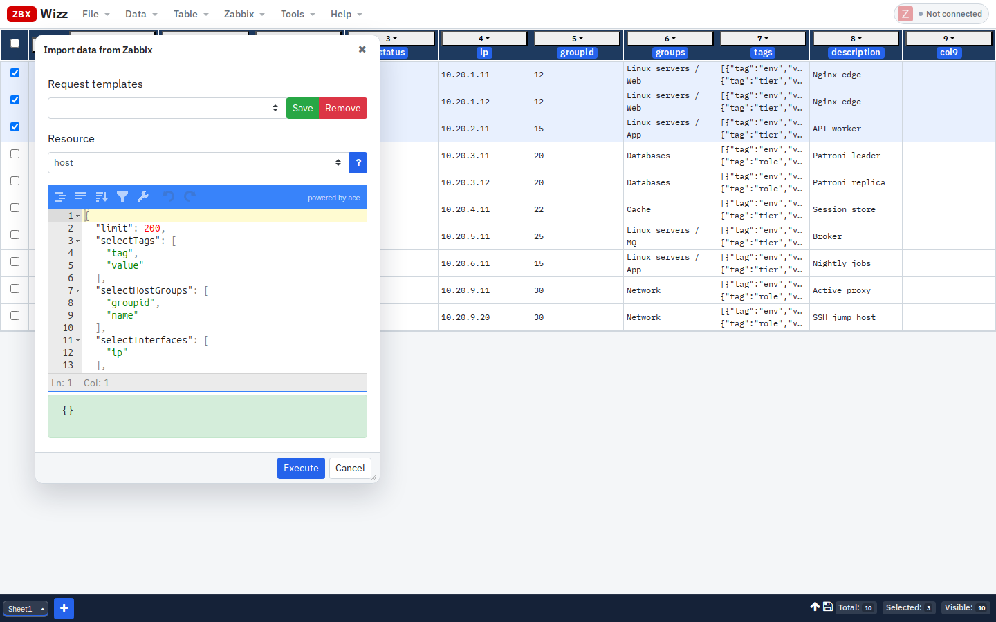 Import data from Zabbix — host request with tags and groups
