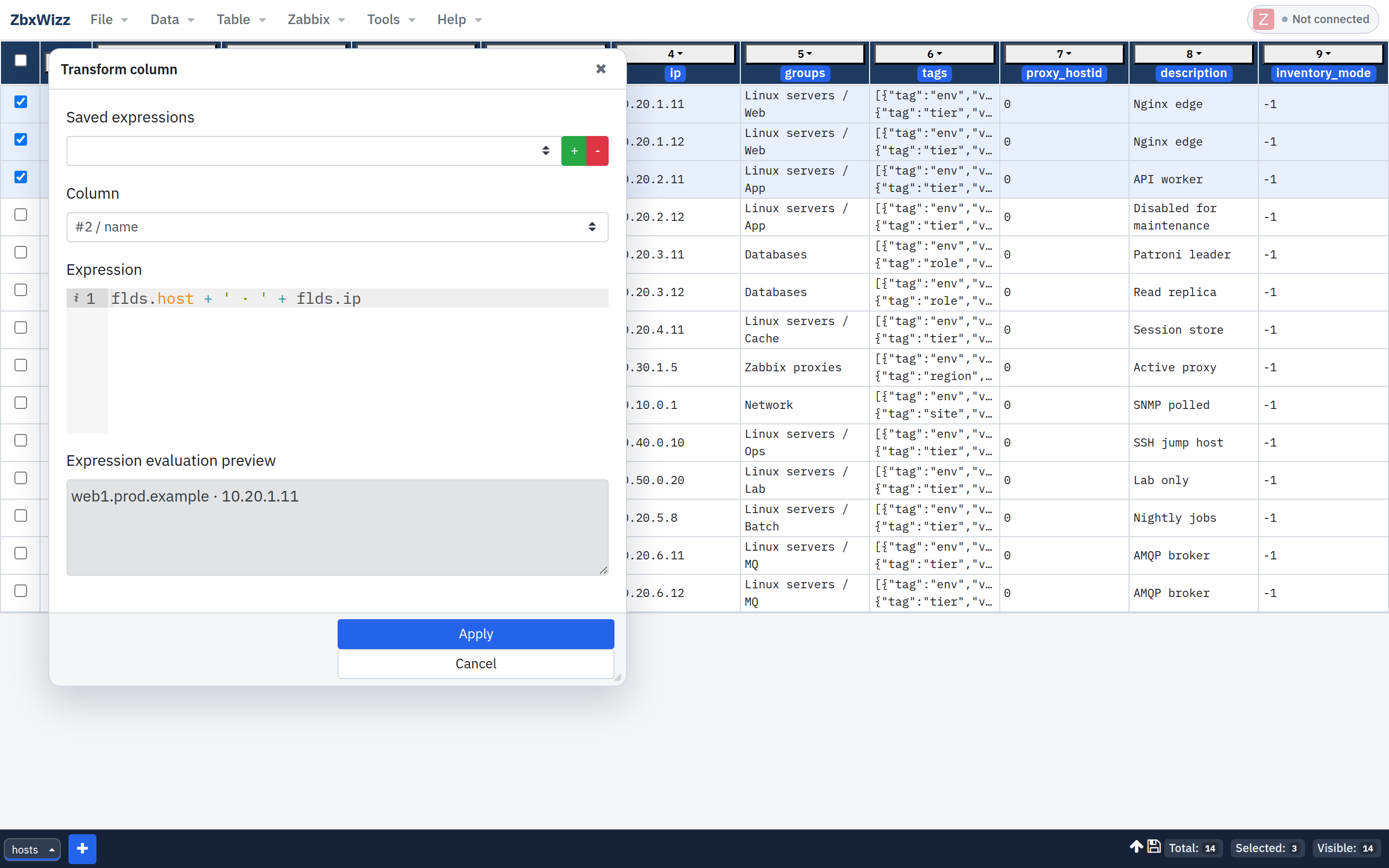 Transform column — expression with live preview