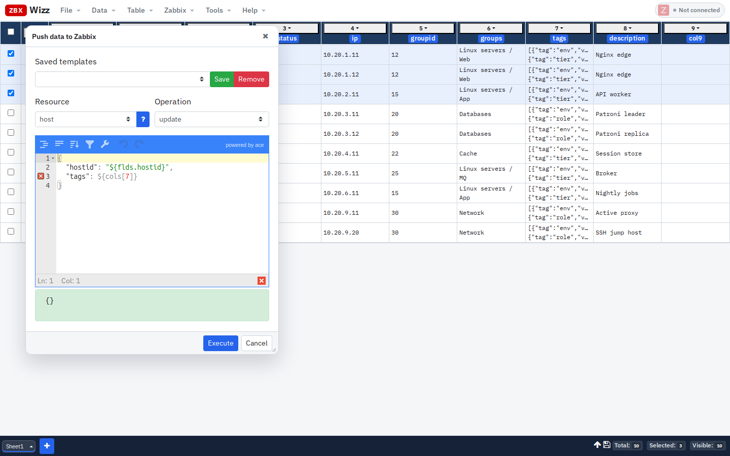 Push host.update with tags from column 7