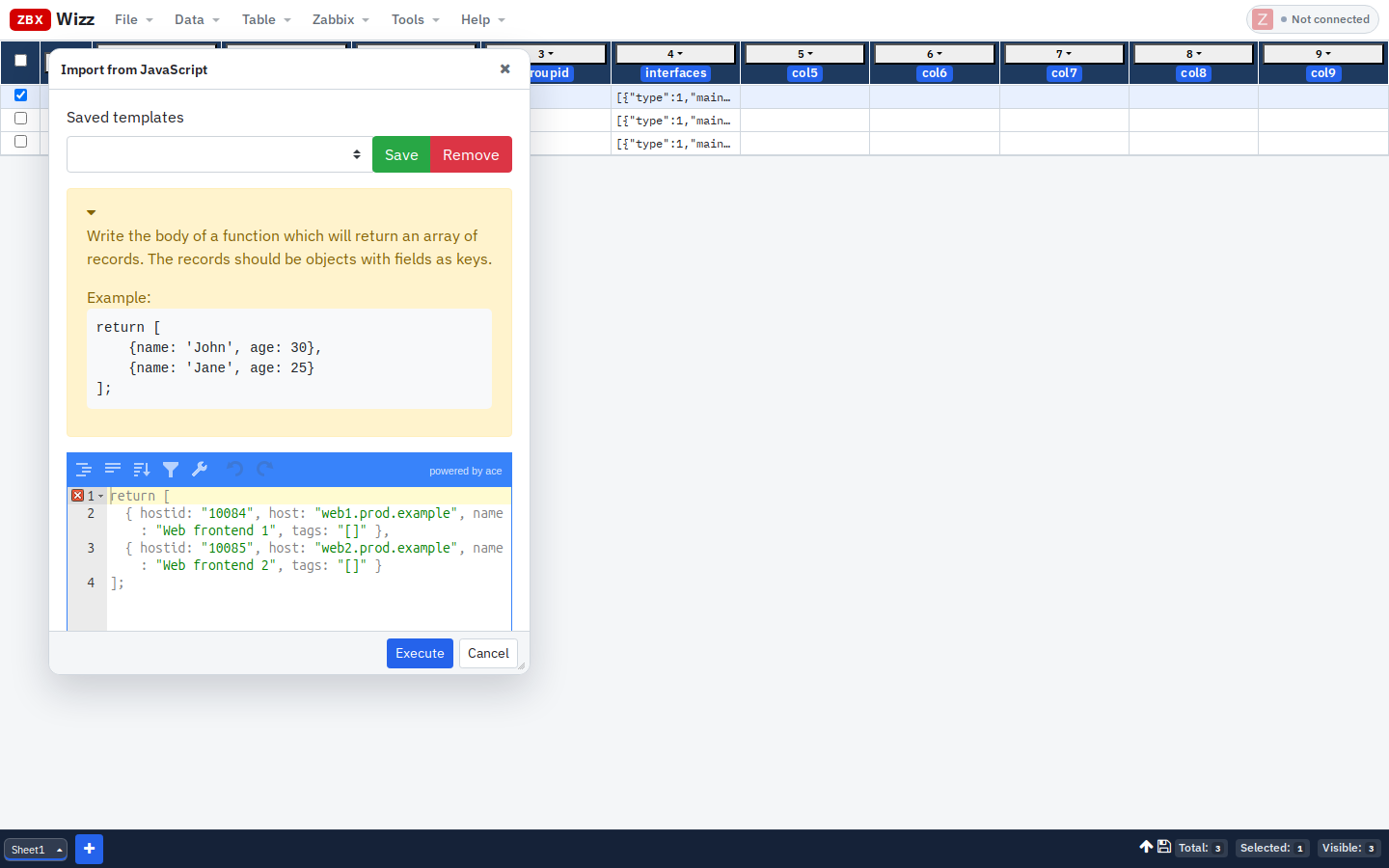 Import from JavaScript dialog