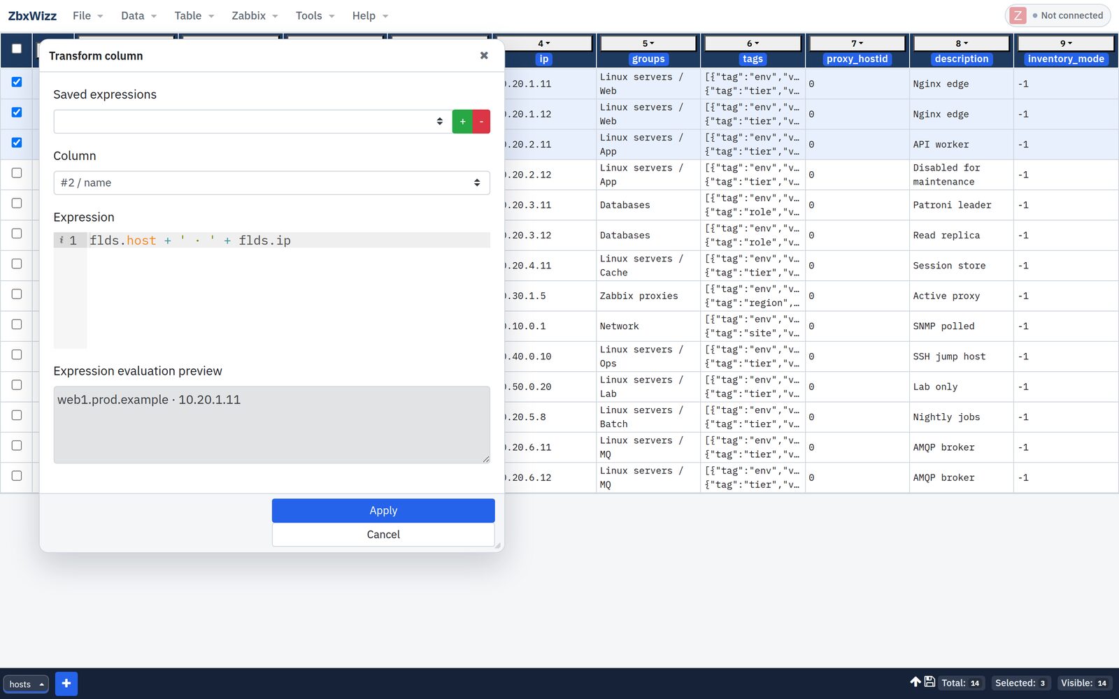 ZbxWizz column transform with live JavaScript preview